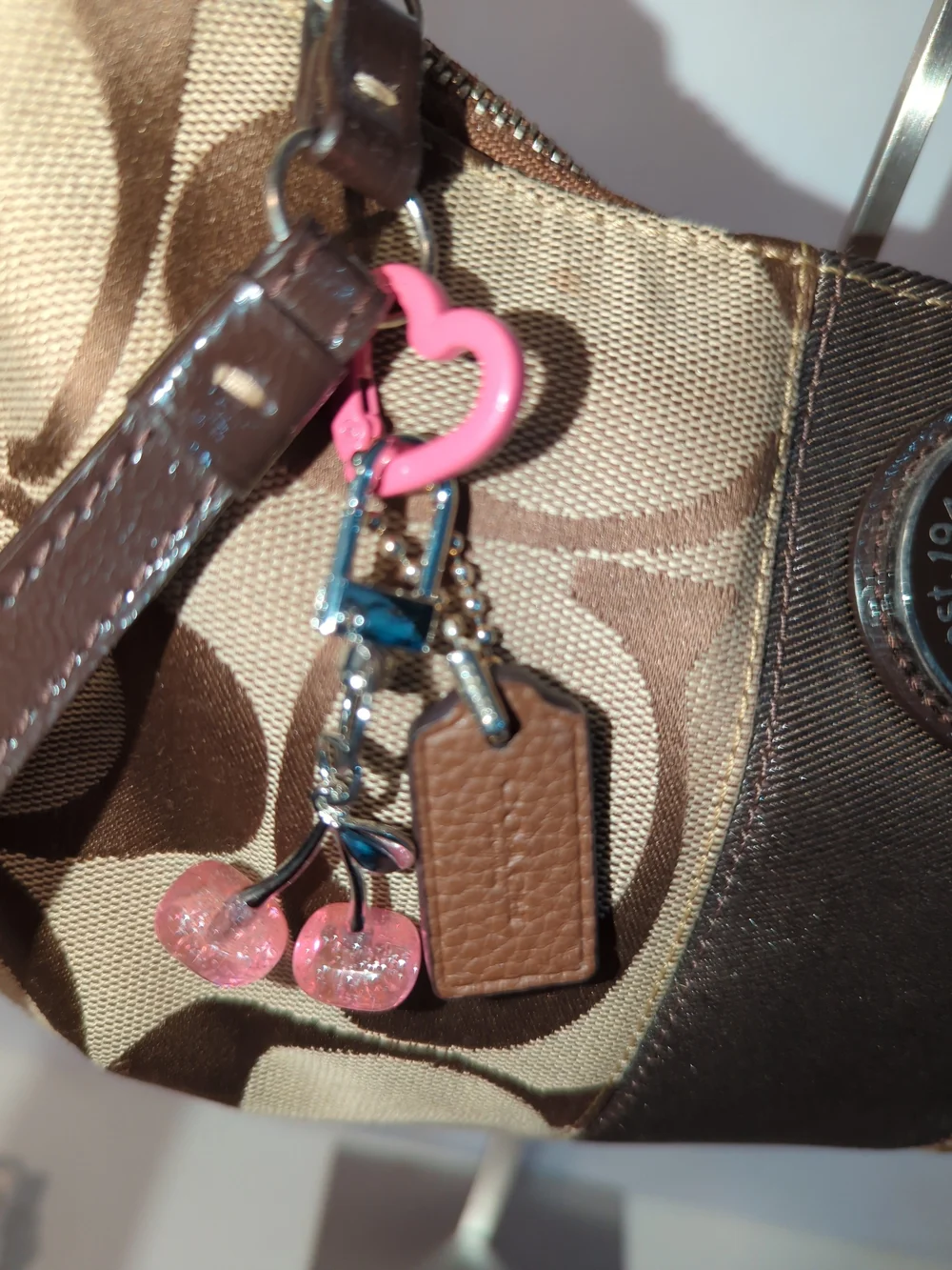 Coach Brown Leather Mini Hangtag Bag Charm With Unbranded Pink Heart + Cherry